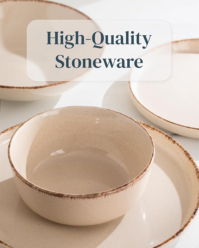 Stoneware dinnerware set 4 persons Rustic 12 pcs - Rustic design dinnerware set, dishwasher safe - Bowl and plate set - Pure Living dinnerware in beige…