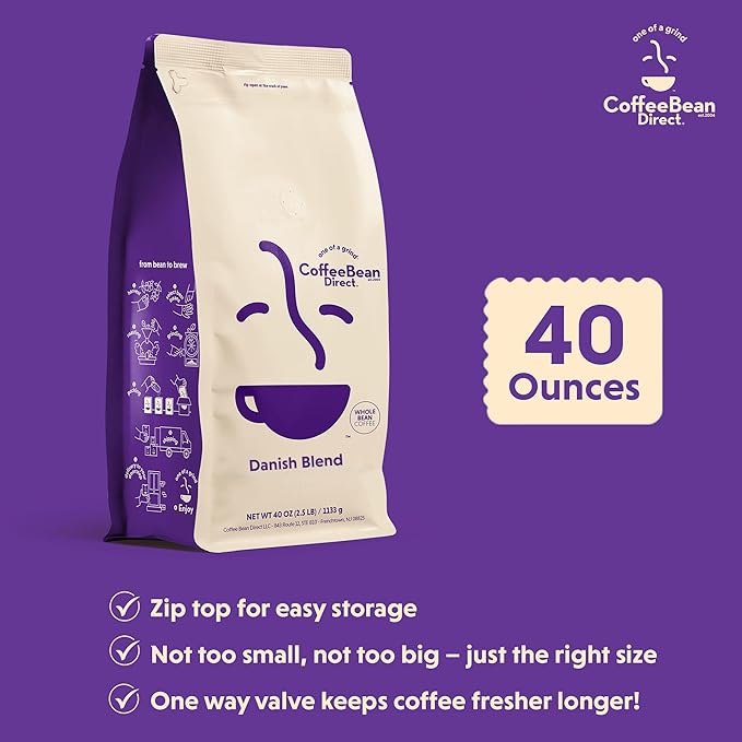 Coffee Bean Direct Danish Blend, Whole Bean Coffee, Mixed Roast Level, 2.5 Pound Bag (Pack of 1)