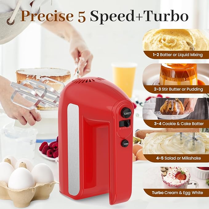 5-Speed Electric Hand Mixer, 800W Handheld Mixer with Turbo for Baking & Cooking, Kitchen Food Mixer with Storage Case & 6 Stainless Steel Attachments (2 Beaters, 2 Dough Hooks, 2 Whisks)-Red