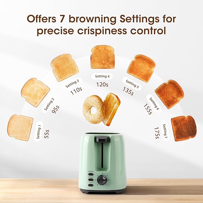 iSiLER 2 Slice Toaster, 1.3 Inches Wide Slot Bagel Toaster with 7 Shade Settings and Double Side Baking, Removable Crumb Tray, Defrost Cancel Function Green