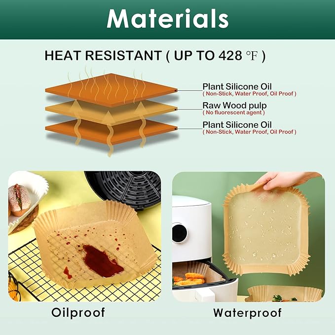 Air Fryer Paper Liners, 125Pcs Parchment Paper, Air Fryer Liners Disposable for Microwave, Non-Stick Air Fryer Liner Square Free of Bleach (8IN)