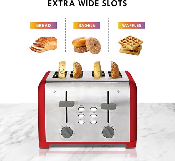 Kenmore Toaster 4 Slice - Extra Wide Slot Countertop Kitchen Appliance, Defrost Function, Grille-Pain, 9 Shade Settings, Compact Design, Easy Clean Crumb Tray, Bread Bagel, Stainless Steel & Red