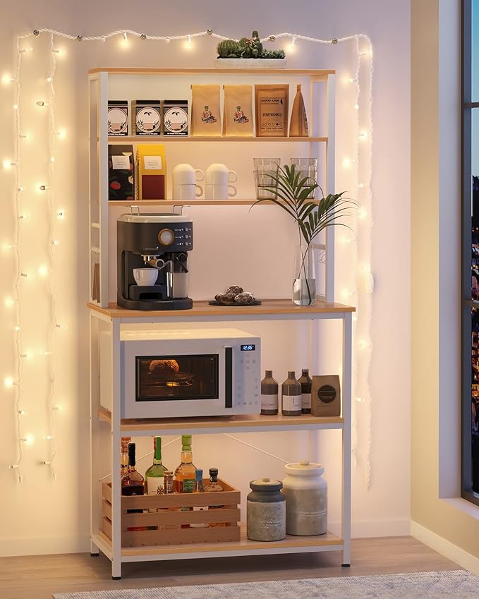 VASAGLE Coffee Bar, 31.5 Inches Baker's Rack for Kitchen with Storage, 6-Tier Kitchen Shelves with 6 Hooks, Microwave Stand, Industrial, Oak Colour and White UKKS019W09
