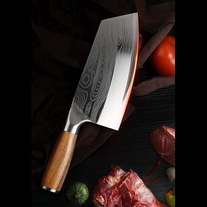 Cleaver Knife, Chinese Chef's slicing Knife, Razor sharp HC German Stainless Steel blade with lasered damascus pattern, pearwood Handle, Kitchen Gift