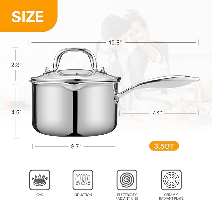 Tri-Ply Stainless Steel Sauce Pan with Steamer Basket & Straining Glass Lid — Heavy-Duty,Thick Base,Rust-Resistant,Warp-Free —100% Food-Grade —Built to Last– Works with All Stovetops, Pasta Pot 3.5 QT
