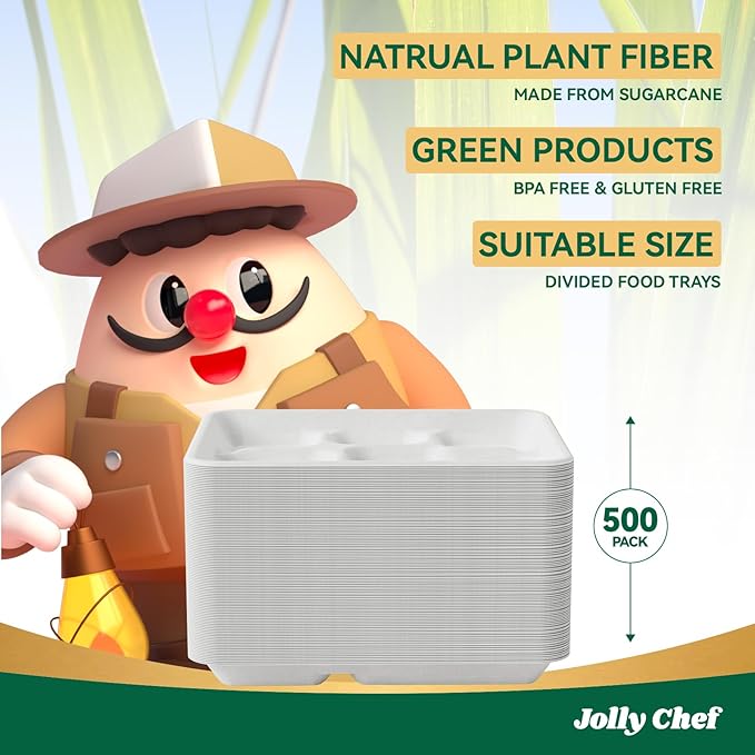JOLLY CHEF Compostable 𝟱 Compartment Paper Plates 10*8.25*1 𝗶𝗻𝗰𝗵 [𝟱𝟬𝟬 𝗣𝗮𝗰𝗸] Small Heavy Duty Divided Disposable White Eco-Friendly Biodegradable Food Tray for School Lunch Thanksgiving Day