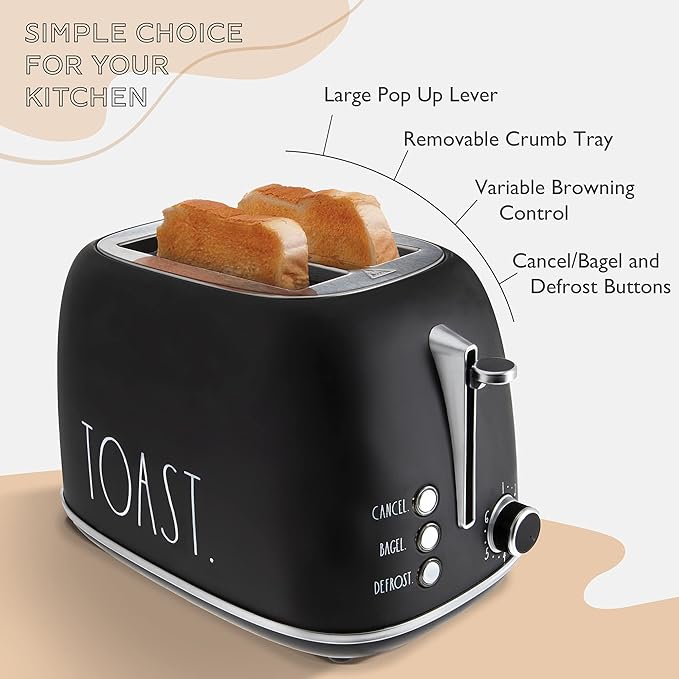 Rae Dunn Retro Rounded Bread Toaster, 2 Slice Stainless Steel Toaster with Removable Crumb Tray, Wide Slot with 6 Browning Levels, Bagel, Defrost and Cancel Options, Black