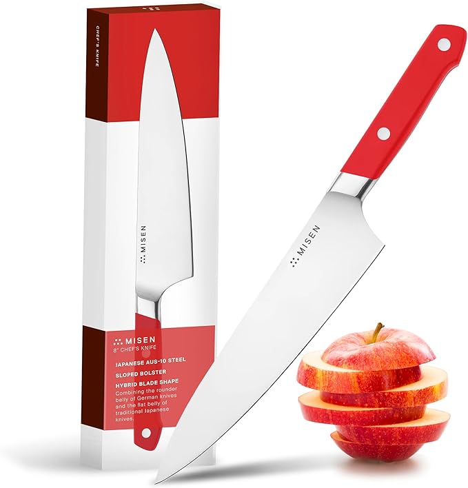 Misen 8" Chef Knife – High Carbon Japanese AUS-10 Stainless Steel – Hybrid German & Japanese Blade – Precision Kitchen Knife for Professionals & Home Cooks – Ultimate Cutting Performance - Red