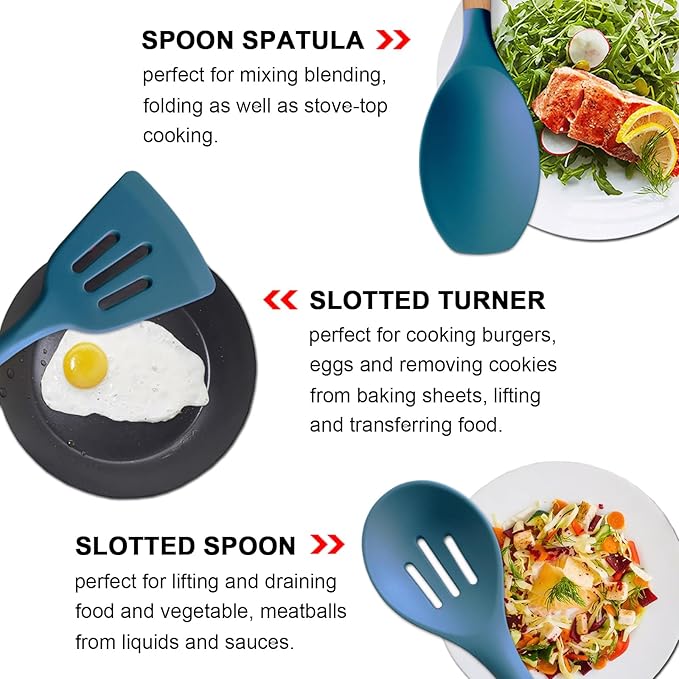 Silicone Cooking Utensils Set 6Pcs Heat Resistant Silicone Kitchen Utensils Set for Cooking Spatula Spoon Turner Ladle w Wooden Handle, BPA FREE Kitchen Gadgets for Nonstick Cookware & Baking