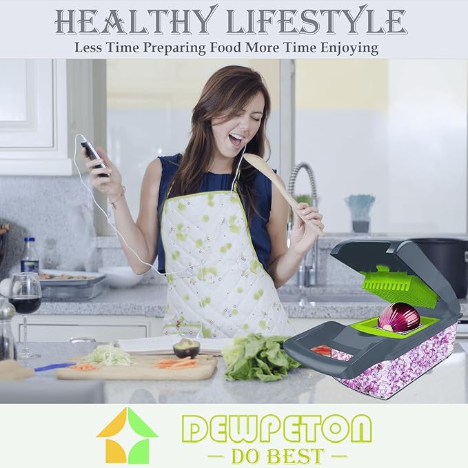 Pro-Series 16-in-1 Vegetable Chopper, Dewpeton Mandoline Slicer, Veggie Chopper, Food Chopper with Container, Vegetable Cutter & Spiralizer for Onion Salad (Home Essential Gadget & Kitchen)