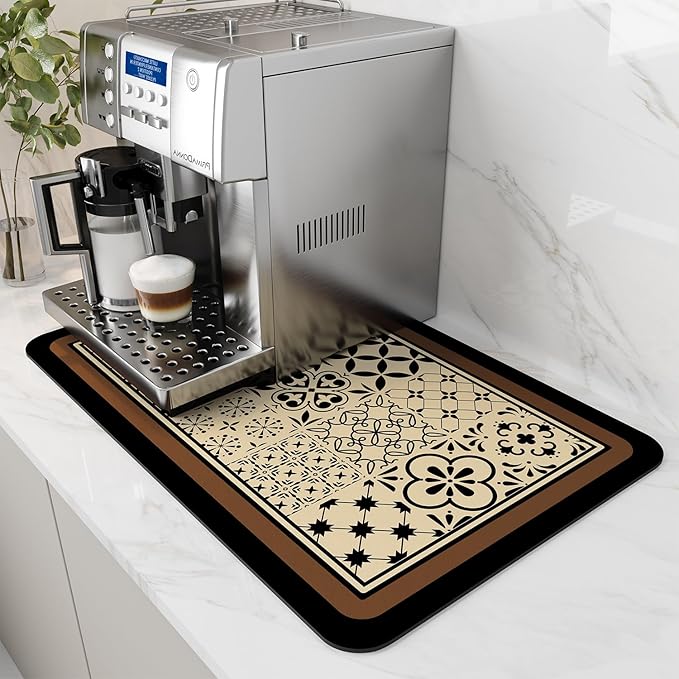 AMOAMI Coffee Mat Hide Stain Rubber Backed Absorbent Dish Drying Mat for Kitchen Counter - Fits Under Coffee Maker - KHAKI 16X24