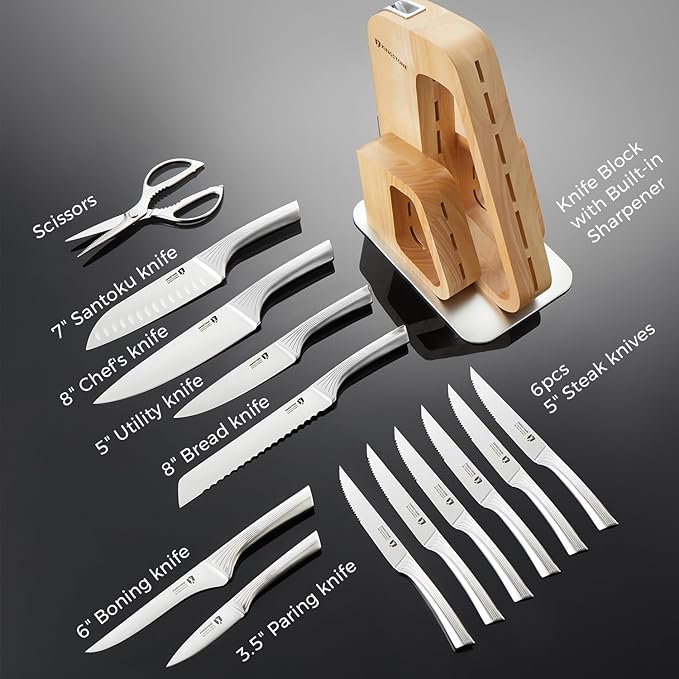 KINGSTONE Kitchen Knife Set with Block, 14 Pcs German Stainless Steel Knife Set with Built-in Sharpener, Dishwasher Safe Knife Block Set(natural, 14pcs)