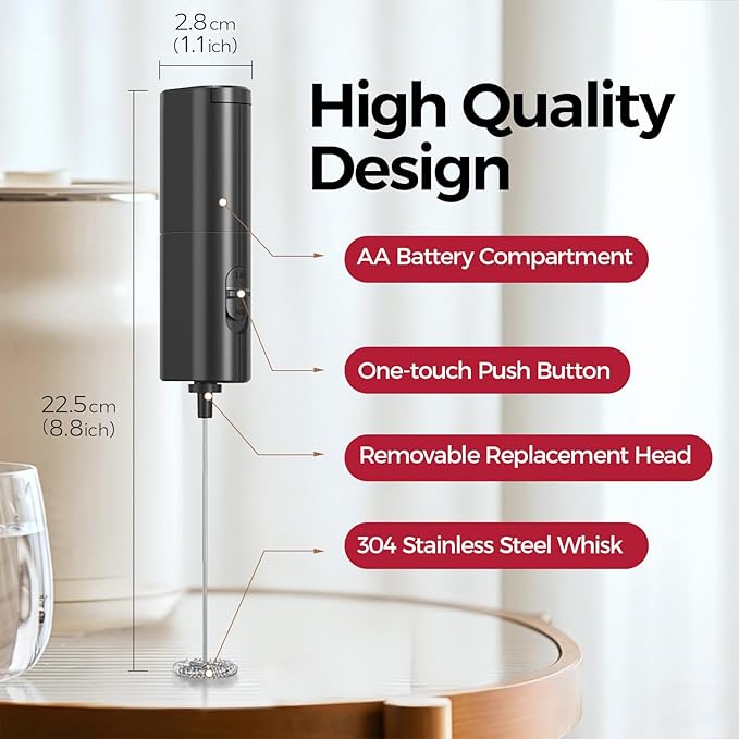 YARRAMATE Mini Powerful Milk Frother Wand, Fast Battery Operated Coffee Mixer, Handheld Drink stirrer, Electric whisk Foam Maker for Lattes, Cappuccino, Matcha, Hot Chocolate (Black)