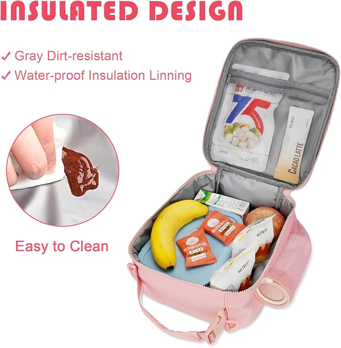 Initial Insulated Lunch Bag for Girls Kids, Back to School Gift, Reusable Leak-proof Lunch Box with Adjustable Strap for School Daycare Travel Picnic (Pink,S)