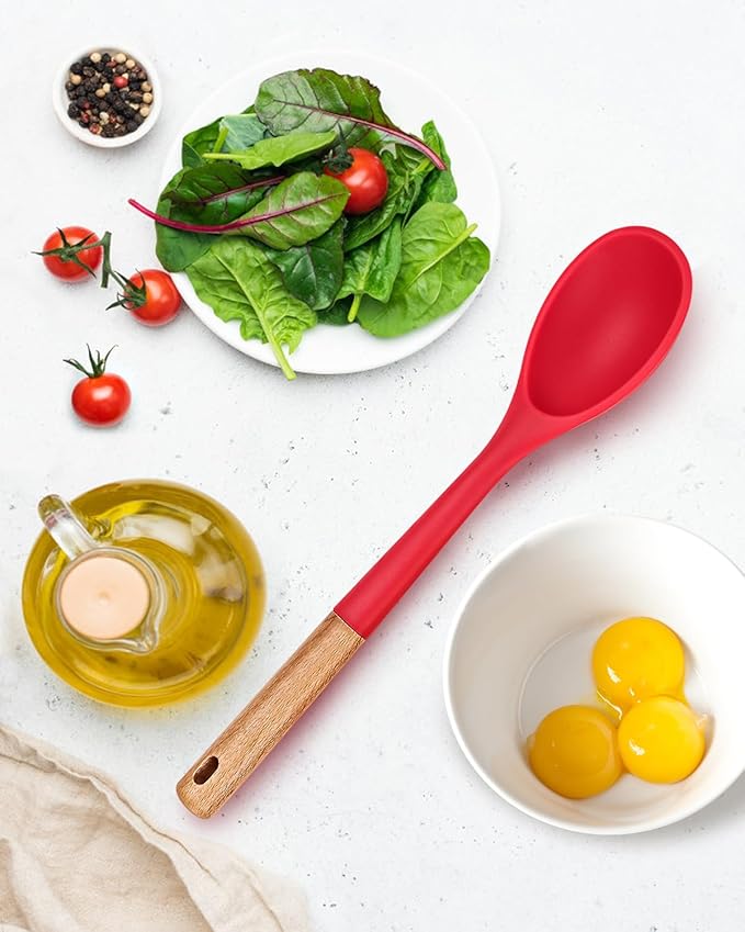 Large Silicone Cooking Spoons, Nonstick Solid Wooden Handle Spoon, Heat Resistan Silicone Kitchen Spoons for Cooking, Serving, Basting, Mixing, 13.2inch (RED)