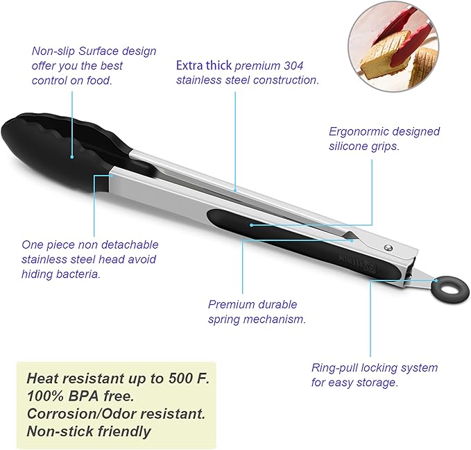 4 Pack Black Kitchen Tongs, Premium Silicone BPA Free Non-Stick Stainless Steel BBQ Cooking Grilling Locking Food Tongs, 9-Inch & 12-Inch