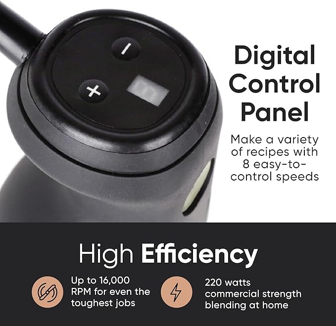 Handheld Immersion Blender 220W - 7” Stainless Steel with 8 Speeds - 110V + 1-Yr Coverage and 24/7 Pro Chef Support