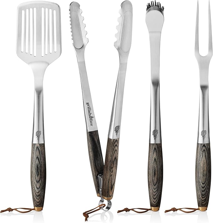 Grillaholics Premium BBQ Grill Tools – The Ultimate Grilling Gift for Dad - Luxury 4-Piece Barbecue Utensils Grill Set with Wooden Gift Box