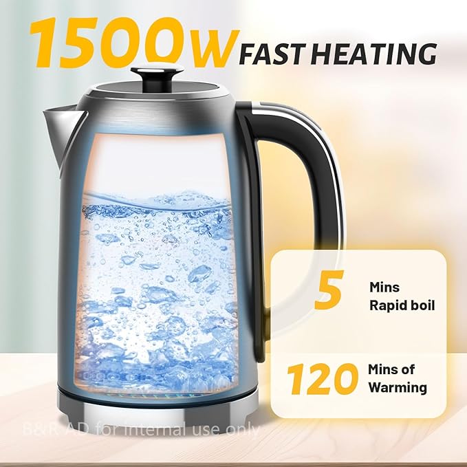 Electric Kettle, 1.7L/1500W, Stainless Steel, Digital Touch Panel, Keep Warm Function, Auto Shutoff, BPA-Free, Hot Water Kettle for Coffee & Tea, No Plastic Contact with Water (Black)