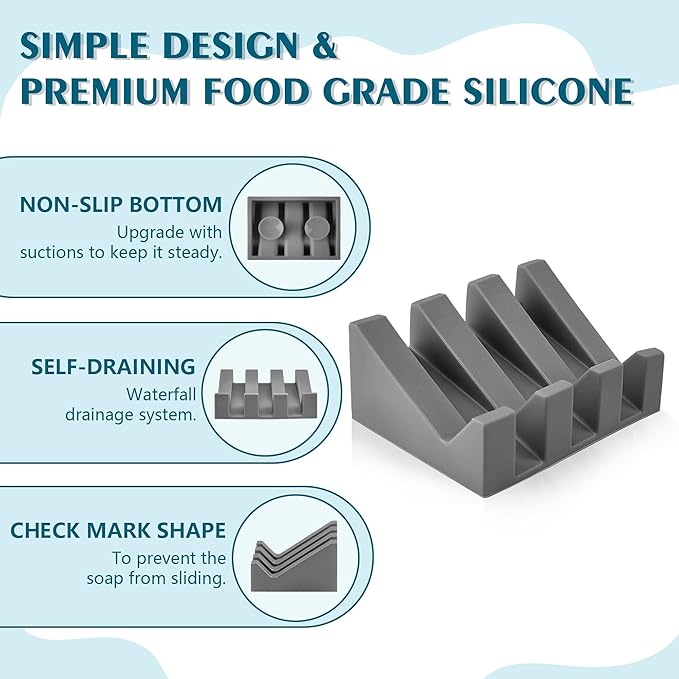 Self Draining Soap Dish,Silicone Suction Cup Soap Holder, Bathroom Soap Dish for Bar Soap,Can Extend Soap Life,Bathroom, Bath Tub, Kitchen Sink (1, Grey)