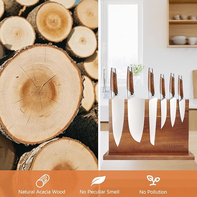 Modern Acacia Magnetic Knife Block Holder 14 x 10 Inches, Large Dual-Sided Strong Magnet Wood knives Stand, Luxurious Kitchen Counter Rack Organizer for a Stable and Stylish Cutlery Display