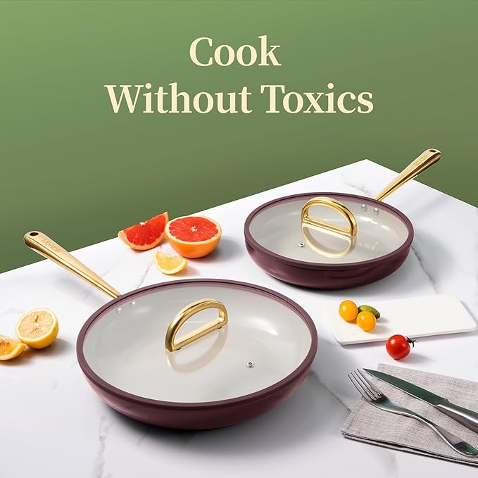 ROYDX Titanium Ceramic Nonstick Fry Pan Set 8", 10" and 12" Frying Pan Skillet Set with Glass Lids-Non Toxic, PTFE & PFOA Free - Oven Dishwasher Safe & Compatible with All Stovetops-Walnut Brown