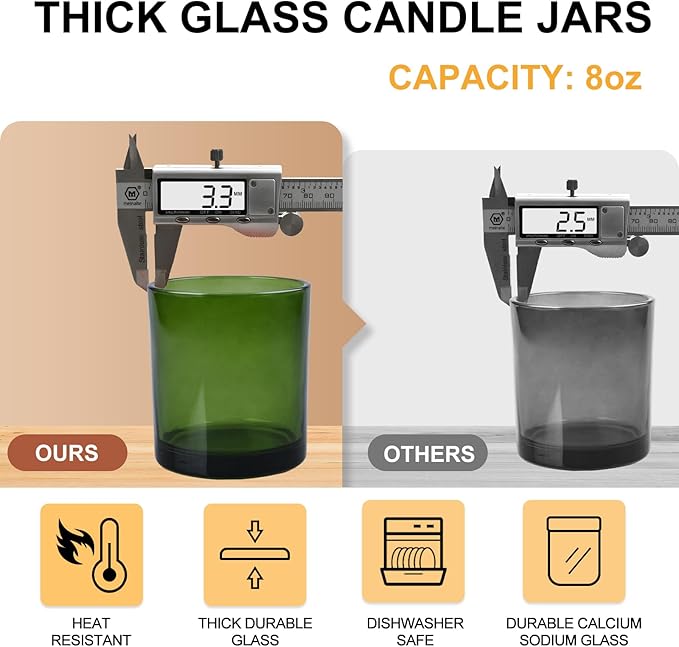 8 OZ Thick Candle Jars for Making Candles 15 Pcs, Green Empty Jars with Wood Lids for Candle Making, Sample Container,Clear Green