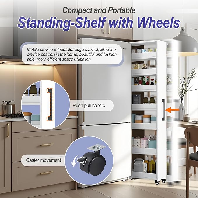 7-Tier Slim Storage Cart, Wooden Rolling Pantry Cabinet with Wheels, Narrow Shelf Organizer for Kitchen, Bakers Rack, Dining Room, Closet, Small Spaces Teak 73.2" H*9.8" W*23.6" D