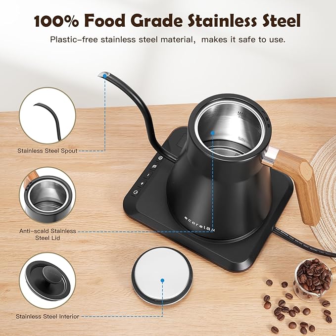 ECORELAX Gooseneck Electric Kettle, ±1℉ Temperature Control Pour Over Kettle for Coffee, Tea & Water, Stainless Steel 1200 W Keep Warm OLED Display 1 L (Black)