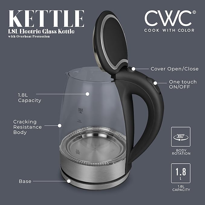 COOK WITH COLOR Electric Tea Kettle, 1.8L Cordless Hot Water Boiler, 1200W Rapid Boil, Auto Shutoff & Boil Dry Protection, BPA-Free, Sleek Countertop Design, Black