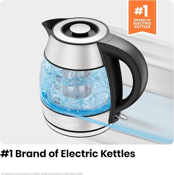 CHEFMAN Electric Kettle - 1.2L 1500W Hot Water Tea Pot with Infuser, BPA Free, Auto Shut Off, Boil-Dry Protection, Removable Lid, LED Light, Cordless Glass Electric Tea Kettle – Stainless Steel