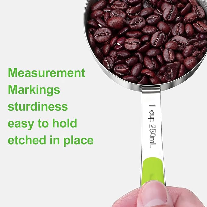 Measuring Cups and Spoons Set, Stainless Steel 10 Piece for Cooking and Baking (5 Cups + 5 Spoons, Green Handle)