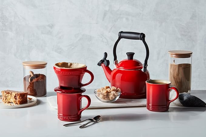 Le Creuset Enamel On Steel Demi Kettle & Stoneware Set of 2 Mugs, 1.25 qt. Kettle & (2) 14 oz. Mugs, White