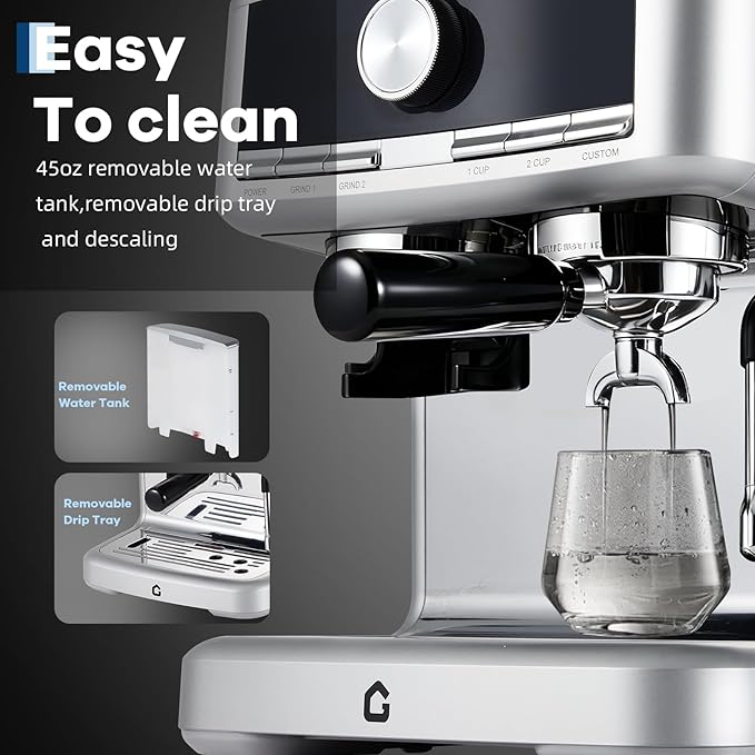 Garvee 20 Bar Pressure Stainless Steel Espresso Machine with Grinder, 1.5L Removable Water Tank, Milk Frother Steam Wand for Latte/Cappuccino - Adjustable Shot Volume, Professional Home/Office Use