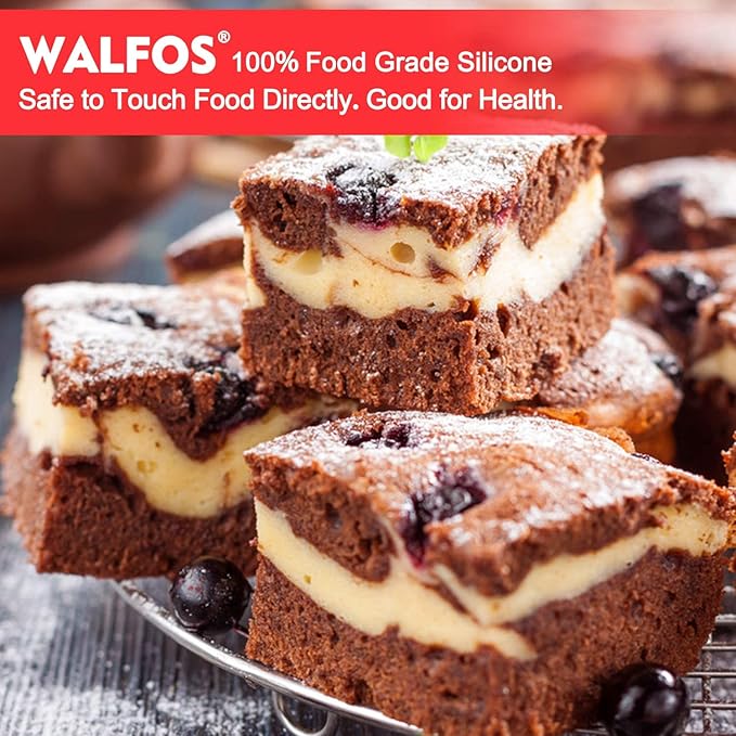 Walfos Silicone Square Cake Pan, 8 inch, Red, BPA Free, Non-Stick, Perfect for Brownies, Cakes, Bread, Pies, and Lasagna, Set of 2