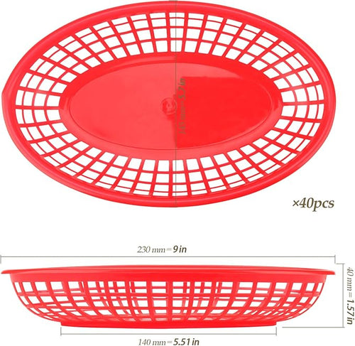 40 Pack 9x5.7x1.6 Inch Plastic Fast Food Baskets, Restaurant Serving Baskets, Red Oval Fast Food Serving Basket for Picnic, Deli Serving, Chicken, Burgers and Fries