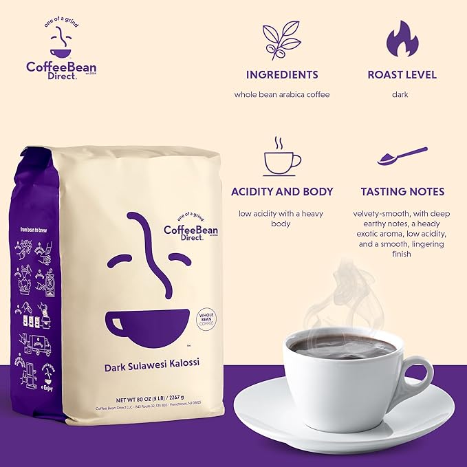 Coffee Bean Direct Dark Sulawesi Kalossi, Whole Bean Coffee, Arabica Coffee, Dark Roast, 5 Pound Bag (Pack of 1)