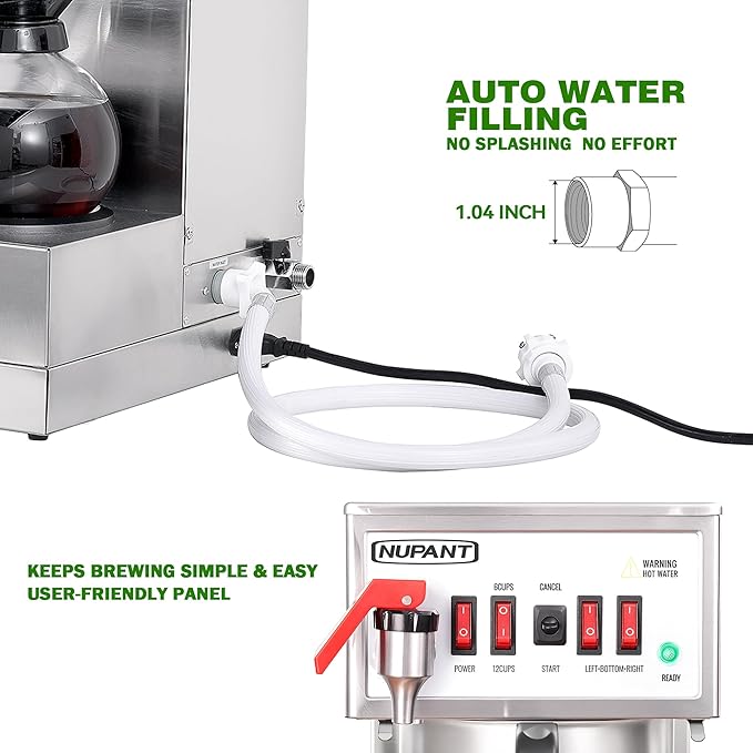 12 Cup Commercial Coffee Maker, Auto Filling Drip Coffee Maker Machine with 3 Glass Carafes 3 Warmers, Stainless Steel Pour Over Coffee Brewer with Hot Water Supply for Restaurant Office Cafe