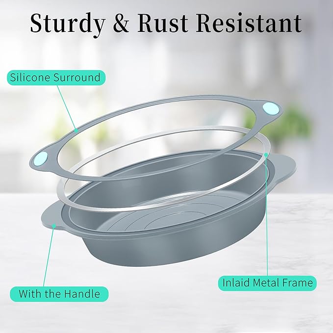 To encounter 8 in 1 Silicone Baking Set - 6 Cake Molds - 2 Silicone Baking Mat, Nonstick Cookie Sheet, Cake Muffin Bread Pan with Grips and Metal Reinforced Frame More Strength, Light Grey