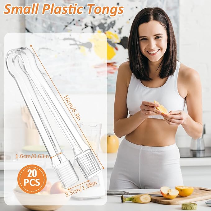 PEASUG 20 PCS Plastic Serving Tongs, Disposable Plastic Tongs, Clear Kitchen Small Serving Utensils for Serving for Party Food Buffet Appetizer Salad Catering Ice, 6.3 Inches