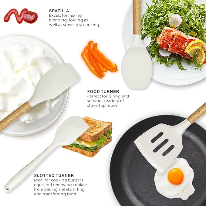 Silicone Cooking Utensils Set - 446°F Heat Resistant Silicone Kitchen Utensils for Cooking,Kitchen Utensil Spatula Set w Wooden Handles and Holder for Non-Stick Cookware (Cream White)
