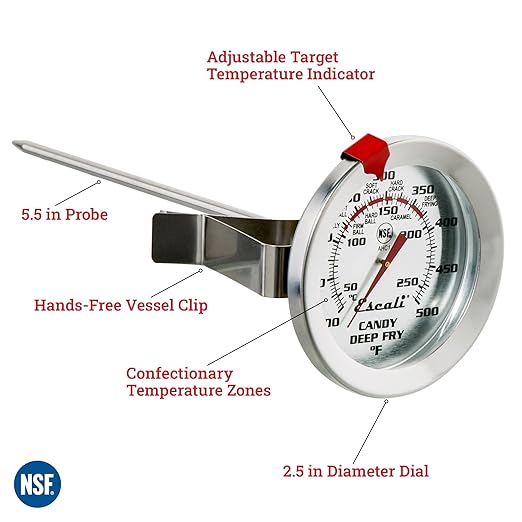 Escali AHC1 Stainless Steel Deep Frying and Candy Thermometer with Pot Clip, 5-Inch Probe with Candy Temperature Zones, NSF Certified