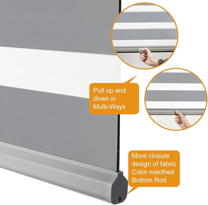 Persilux Cordless Zebra Blinds for Windows Free-Stop Roller Window Shades (22" W X 64" H, Grey) Dual Layer Light Control for Day and Night, Light Filtering Sheer Shades for Home, Easy to Install