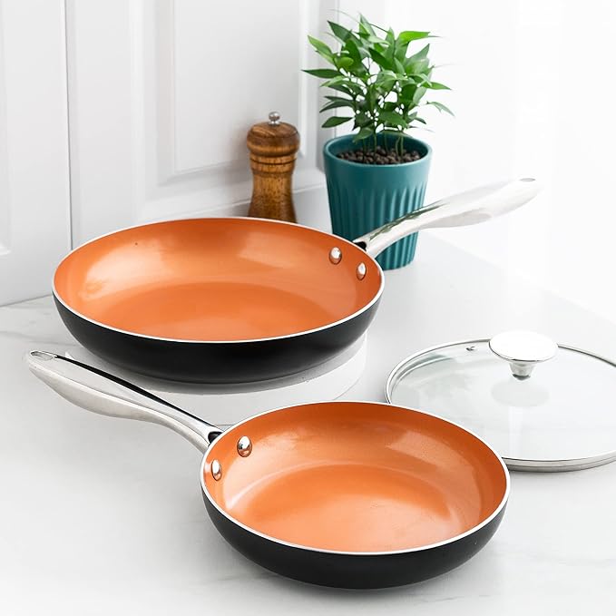 MICHELANGELO Copper Frying Pan Set with Lid, 8" & 10" Nonstick Skillets with Lids, Non Stick Frying Pans Set, Ceramic Non Toxic Fry Pans, Induction Compatible