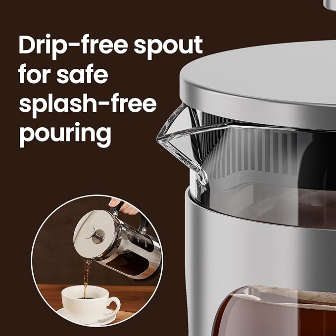 BAYKA 34oz French Press Cold Brew Coffee Maker, Heat and Cold Resistant Thickened Borosilicate Glass Stainless Steel Coffee Press, Iced Coffee Pot Tea Pitcher for Kitchen Travel Camping,1 Liter,Silver