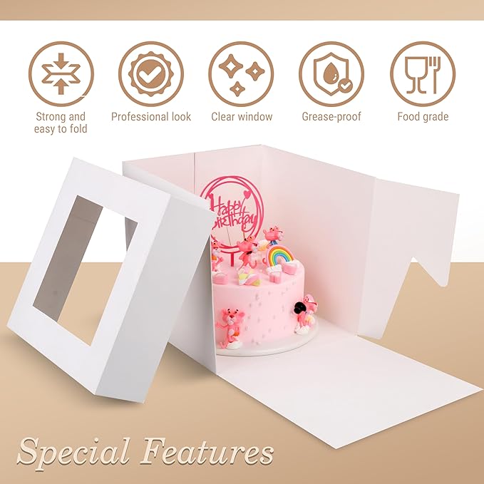 Cakebon Cake Boxes with Boards - 12 Inch Round Cake Drum Black - Box With Window for Birthdays, Weddings and Parties (1pc Each, 2pcs Total)