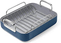 Caraway Roasting Pan - 16x13” Roasting Pan with Rack - Non-Stick Ceramic Coated - Non Toxic, PTFE & PFOA Free - Oven Safe & Compatible with All Stovetops - Navy