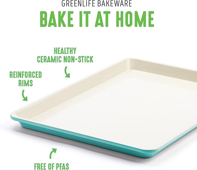 GreenLife Bakeware Healthy Ceramic Nonstick, 4 Piece Toaster Oven Baking Set with Cookie Sheet Muffin and Cake Pan, PFAS-Free, Turquoise