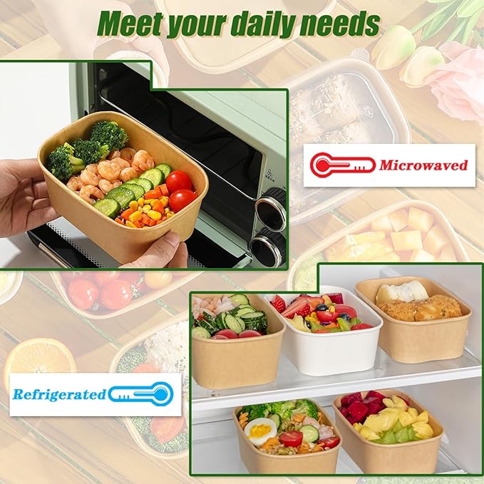 50-Pack 19oz Disposable Kraft Paper Bowls with Lids and Forks, Disposable Meal Prep Containers Bowls Disposable Food Prep Container with Lids, Freezer and Microwave Safe for Hot Soup Cold Food Takeout