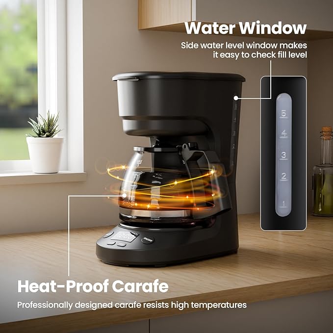 Kismile Compact Coffee Maker with LED Display, Small Drip Coffee Machine with Anti-Drip System, Timer, Auto Shut-Off, Dry-Boil Protection, Removable Funnel, Ideal for Home & Office (Black)